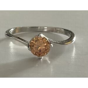 S925 Sterling Silver Orange Citrine-Color Solitaire Ring Size 6.5 Round Stone